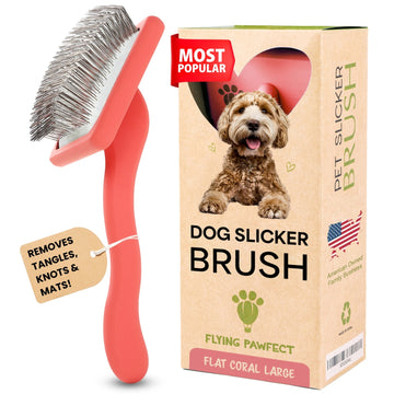 Coral Flying Pawfect flat slicker brush with fine stainless steel pins and a wooden handle