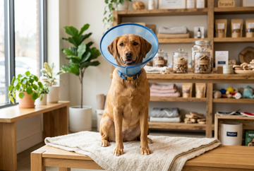 A neutered dog sitting happily with a blue cone around his neck