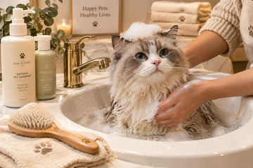 A blue eyed fluffy grey, beige and white cat getting a foamy bath in a sink in a very relaxing environment with candles, shampoos, a brush and a towel.