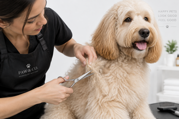 A female dog groomer cutting a mat out of dog fur with scissors
