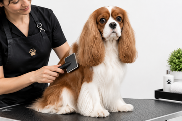 A Cavalier King Charles Spaniel being professionally groomed