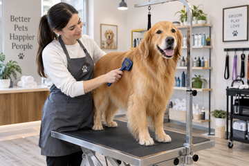 A Golden Retriever being groomed on a grooming table at the dog parlor