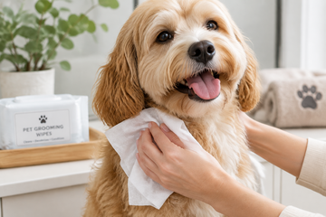 A small dog being cleaned with a wet wipe