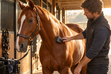 A man brushing a horse in a stable lit by the afternoon sun