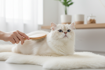 Brushing a white cat to reduce hairballs