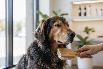 Brushing a brown fluffy dog to remove dandruff