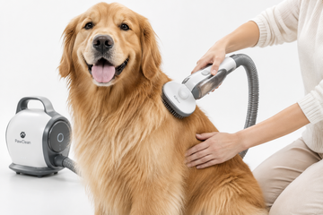 Golden Retriever being vacuumed with a dog hair vacuum machine