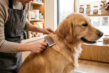 a person finding a flea on a dog while brushing it's fur