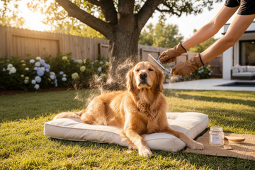 Golden Retriever getting shedding hair while being groomed outside on a dog pillow on the grass