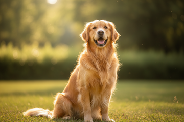 Golden Retriever sitting on the grass outside