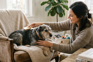 A woman brushing a blind dog on a soft chair
