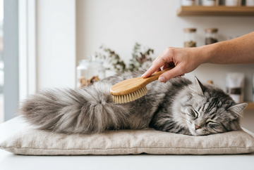 Fluffy grey cat getting brushed on a pillow near a window