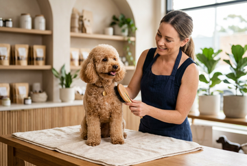 A brown poodle getting brushed by a groomer