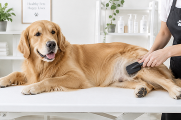 A Golden Retriever being brushed in it's groin and sanitary area by a groomer