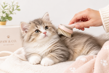 A fluffy white, grey and beige kitten being brushed gently with a soft brush