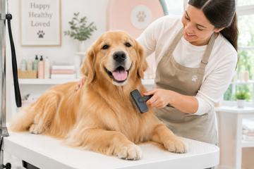 A Professional Groomer Grooming a Golden Retriever