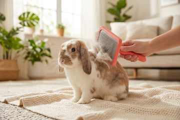 A lop-eared rabbit sitting upright on a blanket being brushed with a coral Flying Pawfect slicker brush, loose fur caught in the steel pins