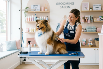 A fat Collie dog getting groomed at the salon