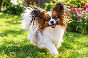 A Papillon Dog outside on the grass