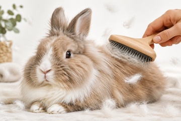 A fluffy beige, and white rabbit getting brushed