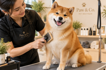 A Shiba Inus dog being professionally groomed at the dog salon