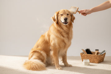 Double coated Mix Dog with a golden coat getting groomed with a slicker brush