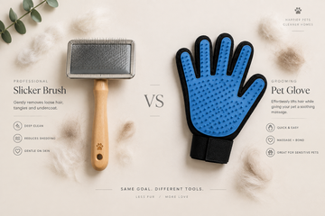A wooden slicker brush and a blue grooming glove