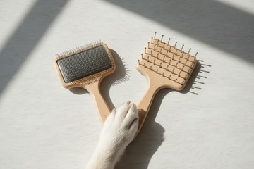 A Slicker brush and pin brush for dogs with a dog paw rest over both