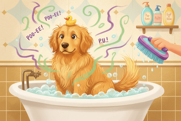 Cartoon of a golden retriever sitting in a bubble bath with wavy stink lines rising and a hand holding a scrubbing brush