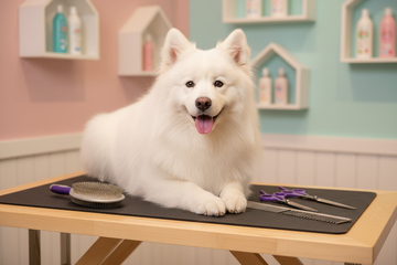 White fluffy dog on a grooming table with grooming tools at a dog salon