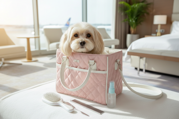 Cute white poodle sitting on a table in an airport hotel room inside a pink leather bag with white leather handles ready to travel. There are grooming products for the dog on the table.