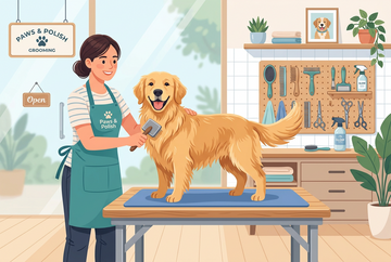 A cartoon illustration of a golden retriever getting groomed by a woman at the dog parlor