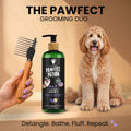 The Flying Pawfect Dematting Rake and a bottle of Pawfect Potion shampoo held beside a Goldendoodle