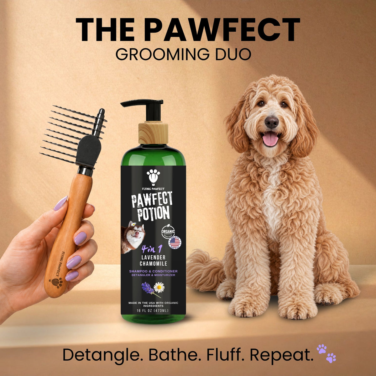 The Flying Pawfect Dematting Rake and a bottle of Pawfect Potion shampoo held beside a Goldendoodle