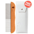 Flying Pawfect Long Tooth Comb with its white protective pouch and a free pouch badge