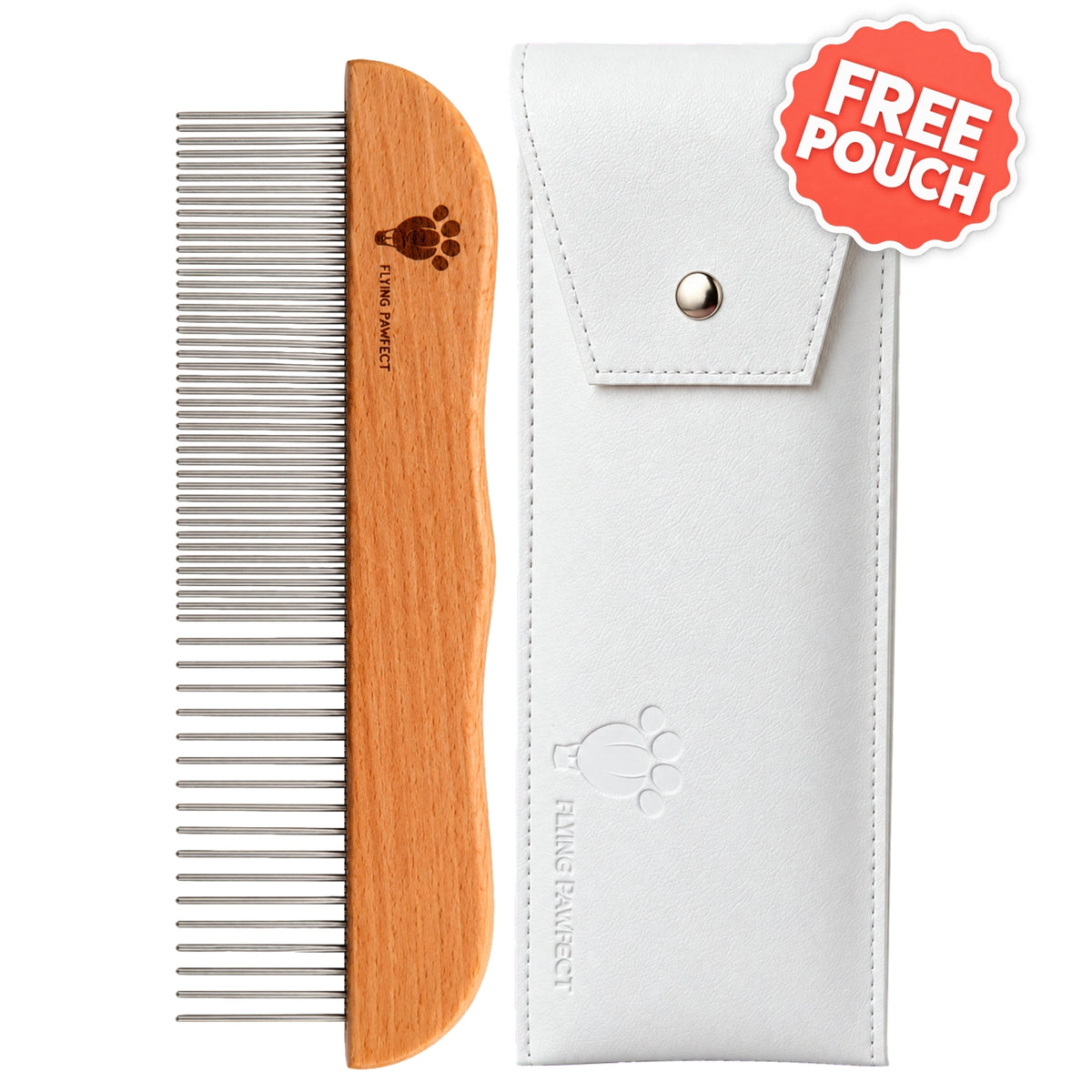 Flying Pawfect Long Tooth Comb with its white protective pouch and a free pouch badge