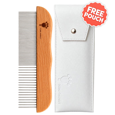 Flying Pawfect Long Tooth Comb with its white protective pouch and a free pouch badge