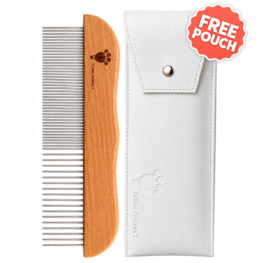 Flying Pawfect Long Tooth Comb with its white protective pouch and a free pouch badge