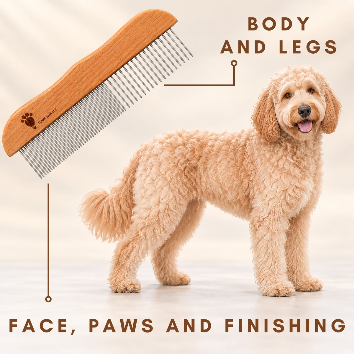 Flying Pawfect Long Tooth Comb beside a Goldendoodle, marked for body and legs and for face, paws and finishing