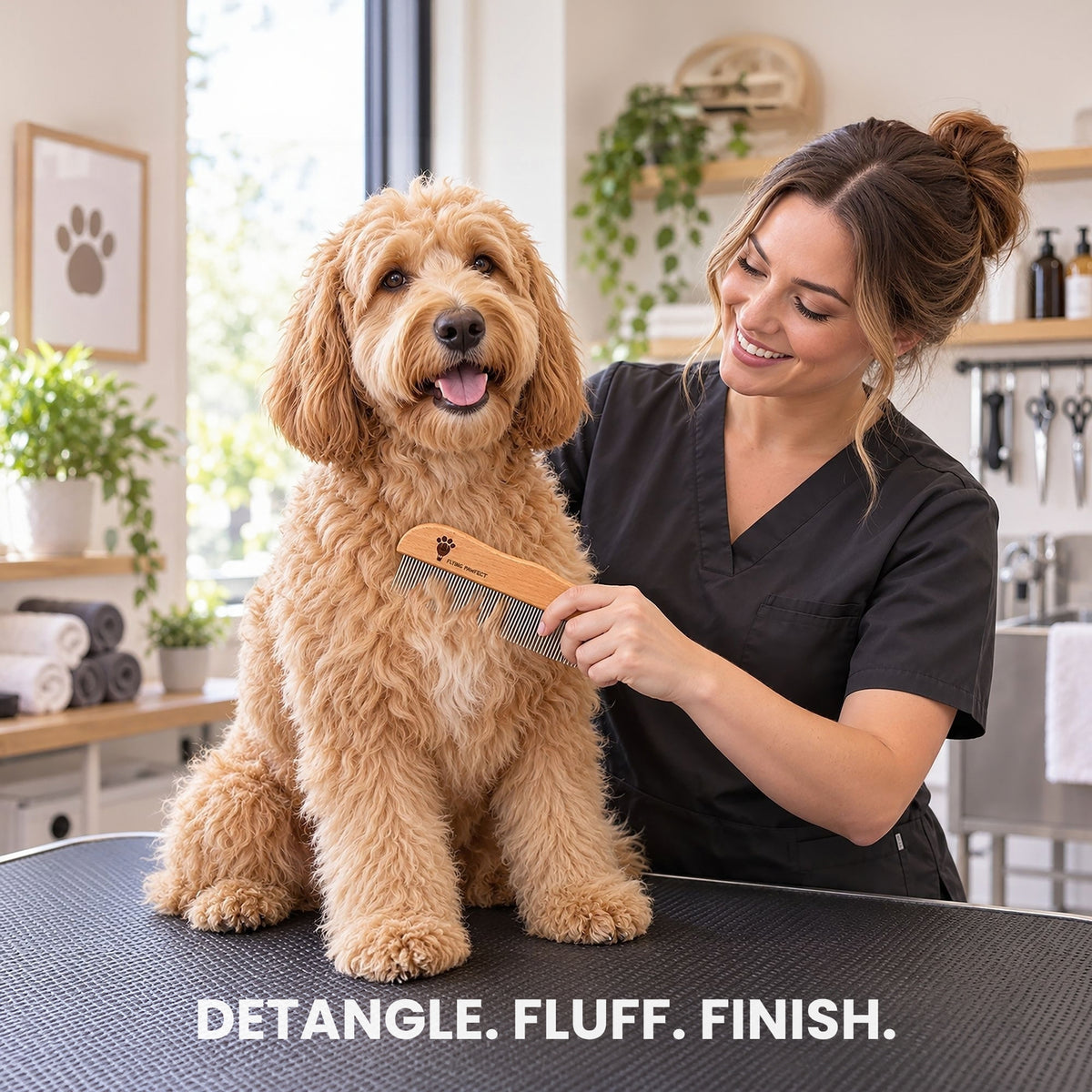 A groomer combing a Goldendoodle on a grooming table with the Flying Pawfect Long Tooth Comb