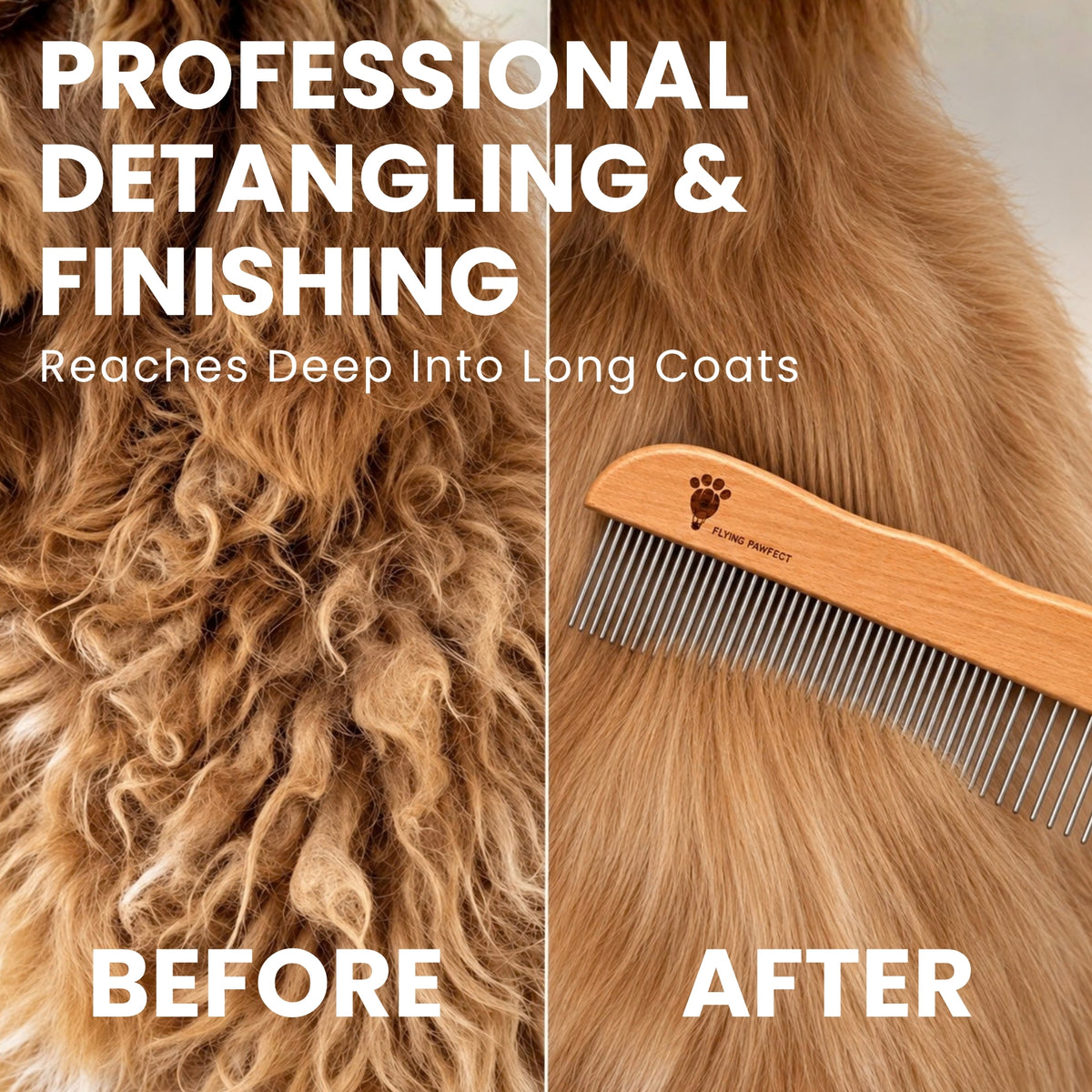 Before and after of a long golden coat detangled with the Flying Pawfect Long Tooth Comb