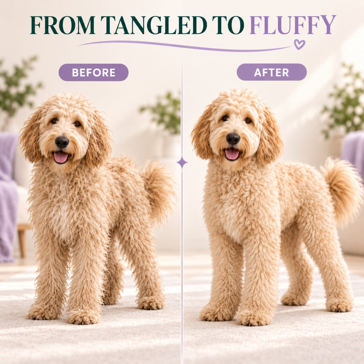 Before and after of a Goldendoodle groomed with the Flying Pawfect Dematting Rake