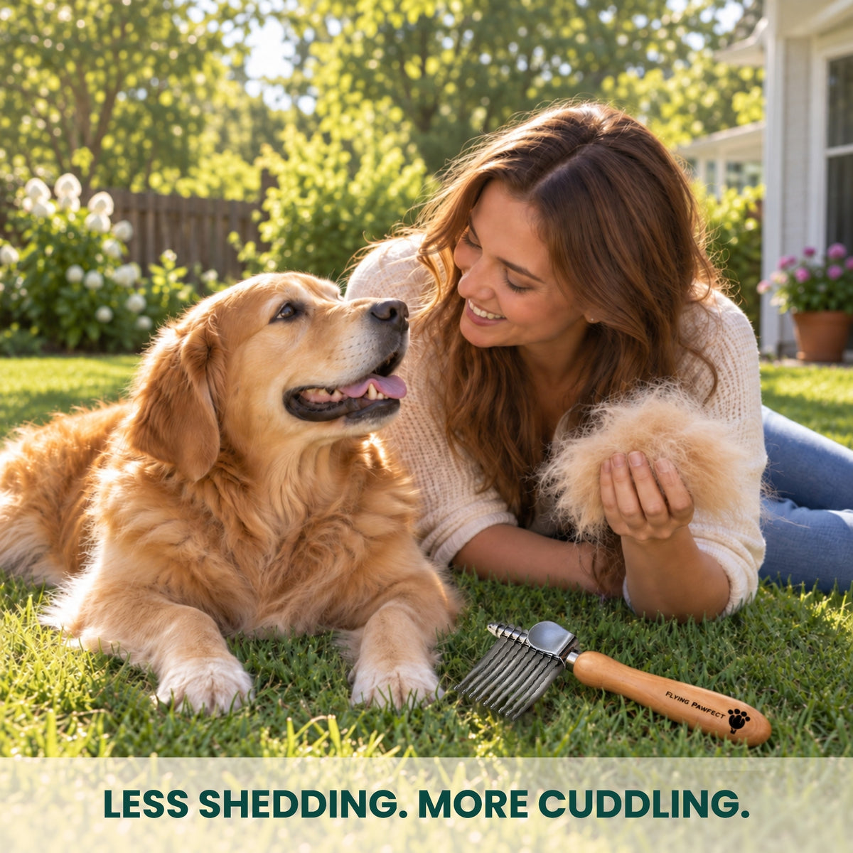 A woman lying on the grass with a Golden Retriever and the Flying Pawfect Dematting Rake beside them