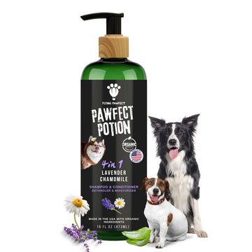 Dog Shampoo and Conditioner 4 in 1 - Lavender Chamomile Puppy Shampoo for Sensitive Skin - Detangler & Moisturizer with Organic Aloe Vera & Coconut Oil - Made in USA 16 oz