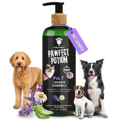 4-in-1 Dog Shampoo & Conditioner - Lavender Chamomile for Sensitive Skin, Detangler with Organic Aloe & Coconut Oil, Made in USA, 16 oz