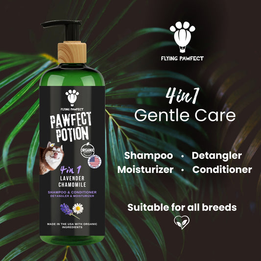 Dog Shampoo and Conditioner 4 in 1 - Lavender Chamomile Puppy Shampoo for Sensitive Skin - Detangler & Moisturizer with Organic Aloe Vera & Coconut Oil - Made in USA 16 oz