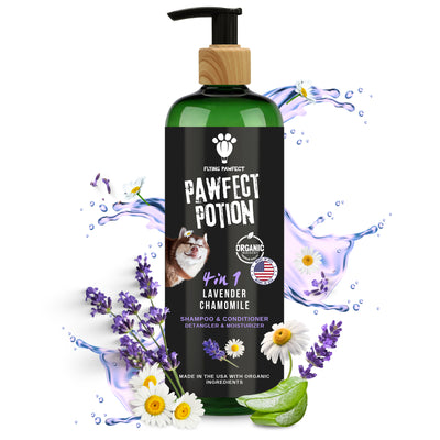 4-in-1 Dog Shampoo & Conditioner - Lavender Chamomile for Sensitive Skin, Detangler with Organic Aloe & Coconut Oil, Made in USA, 16 oz