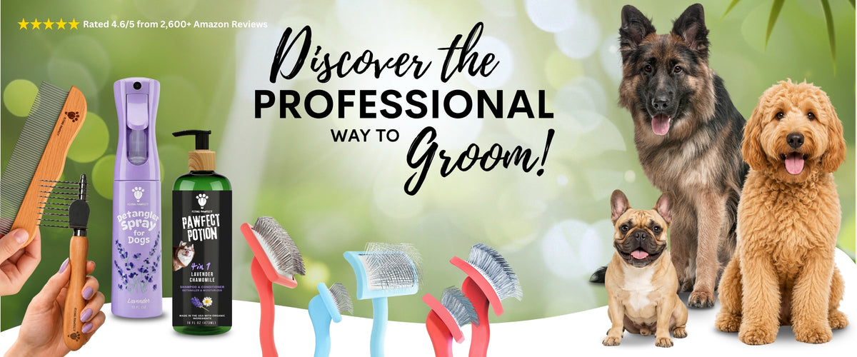 Discover the professional way to groom. Flying Pawfect slicker brushes, detangling spray, grooming comb and 4-in-1 dog shampoo, shown with a German Shepherd, a Goldendoodle and a French Bulldog.